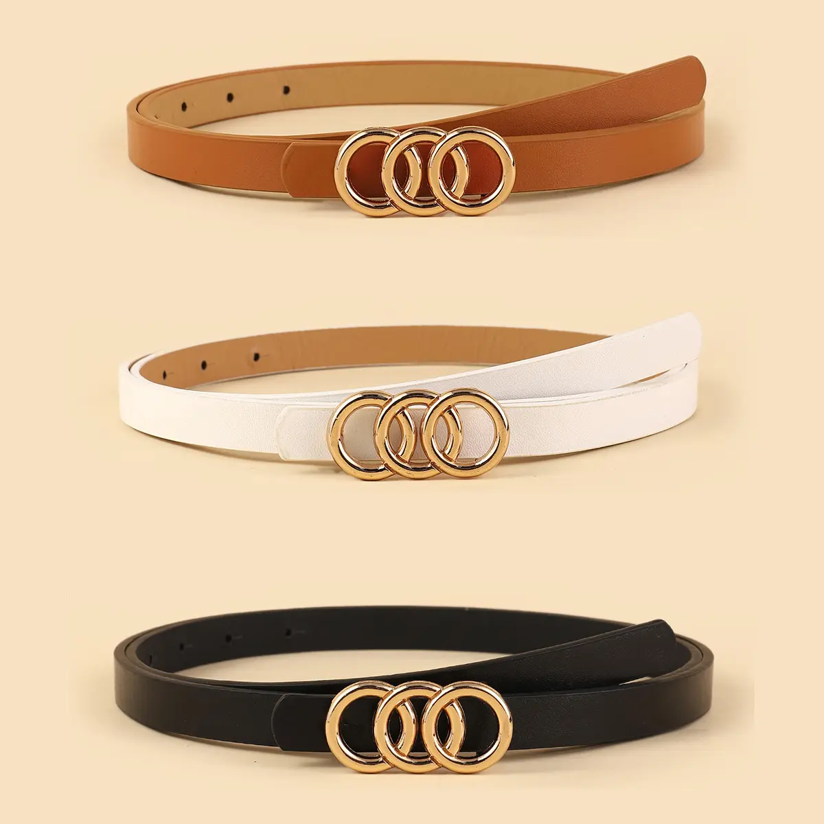 Women’s Triple Ring Buckle Skinny Belt  Black, White & Brown