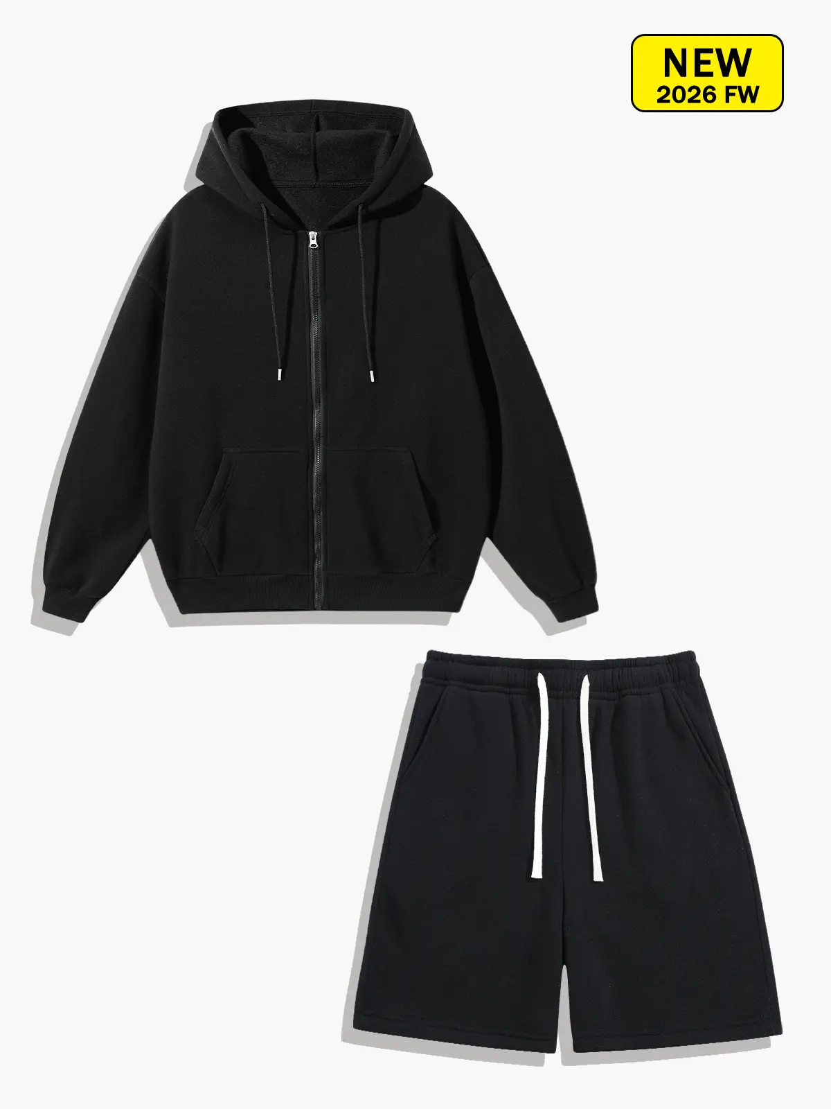 Unisex Oversized Full Zip Hoodie Tracksuit, Solid Color Loose Fit 2 Piece Matching Outfit, Zip Up Hooded Sweatshirt & Drawstring Casual Shorts Streetwear Set for Men Women