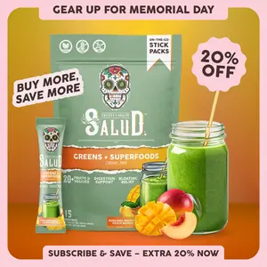 Salud 2-in-1 [Greens + Superfoods – Peach Mango] Daily Greens Drink Mix, Agua Fresca, Gut Health & Bloating Support, Probiotics & Prebiotics, Vegan, Non-GMO, Easy-to-Drink Greens Powder (15 Servings)