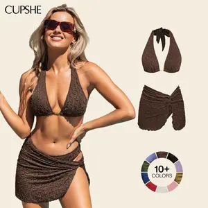 Cupshe Women's 3-Piece Plunging Bikini Set, Textured Shapewear Swimsuit with Sarong Skirt, High Cut Cheeky Bathing Suit