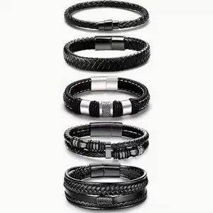 5pcs Black Faux Leather Bracelets for Men Women, Mens Bracelet Faux Leather and Braided Cuff Bracelets, Fashion Braided Bracelet outdoorfun