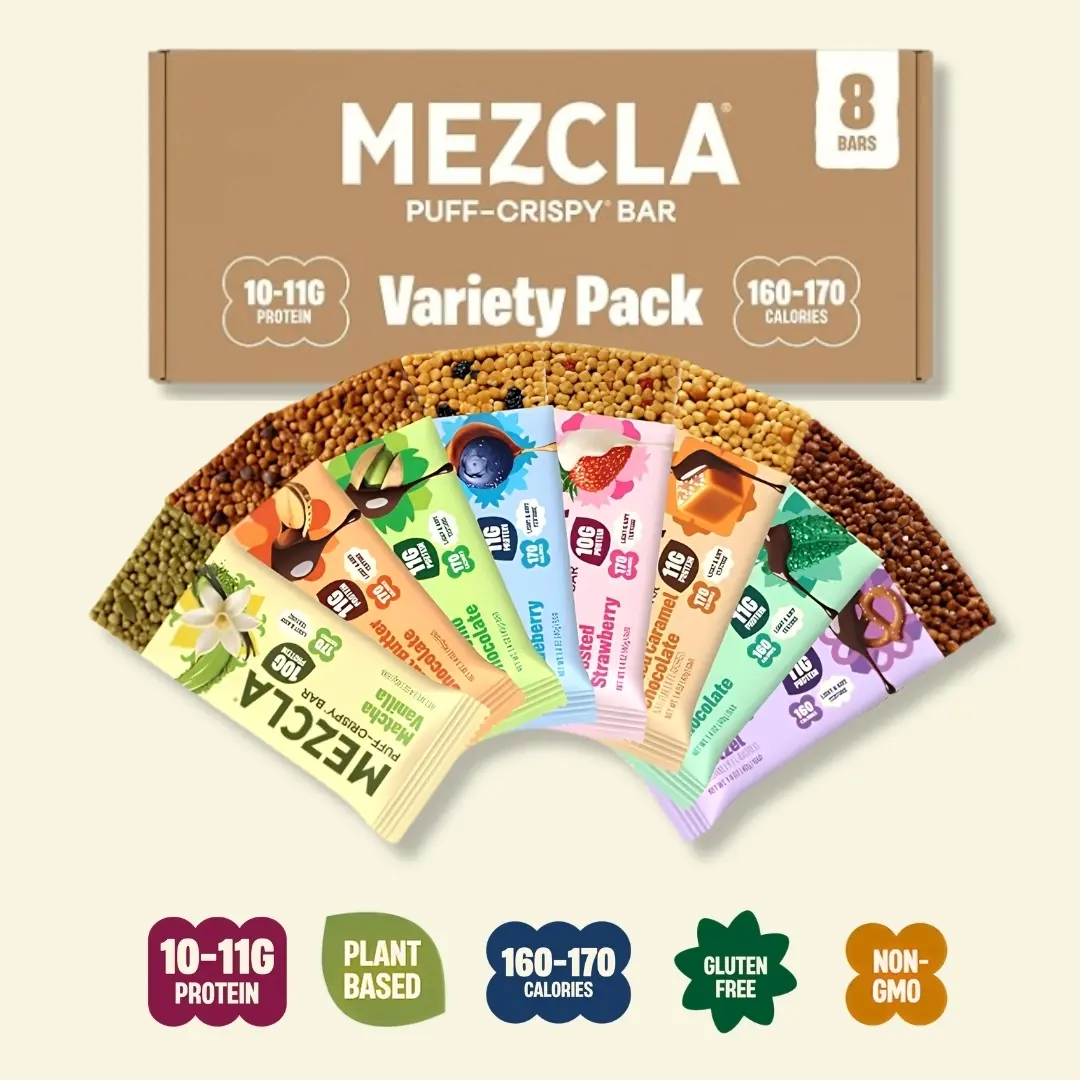 Mezcla Variety Pack - 10g Plant Protein, Gluten Free, Vegan, 8 Bars, 160 Calories, Non-GMO Verified, High Protein Snacks