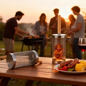 Rolling Grill Basket, Removable Wooden Handle, 304 Stainless Steel, Nesting BBQ Tools, Smoker Grilling Accessories for Vegetable, Outdoor Cooking Camping, Birthday Gifts for Men Dad Husband
