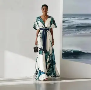 2025 Summer Watercolor Print Maxi Dress - V-neck Tie Waist, Batwing Sleeves And Pleated Details, Loose Bohemian Wedding Party Dress (blue/white/black/beige), Elegant Tassel Design For Wedding And Holiday Wear, A Must-have For Bohemian Lover Fit Womenswear