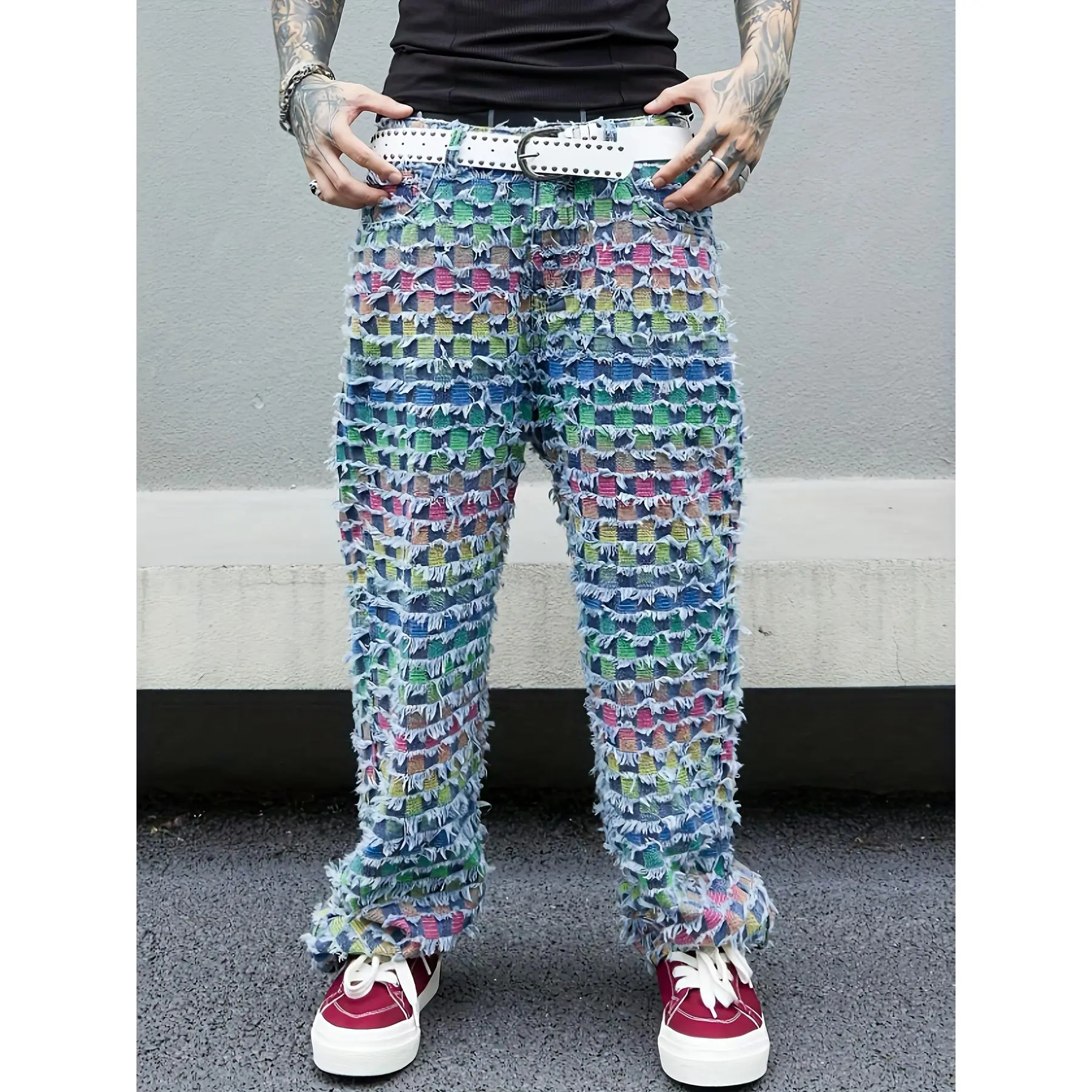 Men's Retro Color Block Checkered Jeans, Washed Denim Cargo Style Pants with Multiple Pockets, Casual Menswear, Retro Checkered Art, Urban Retro Edge