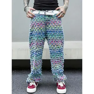 1 pair of men's retro washed, color blocked, and checkered jeans with multiple functions and pockets, fashionable and versatile casual pants