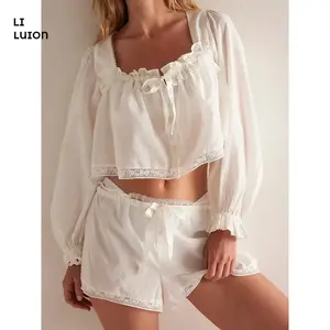 Women’s Ruffled Pajama Set (95% Cotton), Long Puff Sleeve Babydoll Shirt with Lace Trim Top and Shorts, 2-Piece Soft PJ Outfit