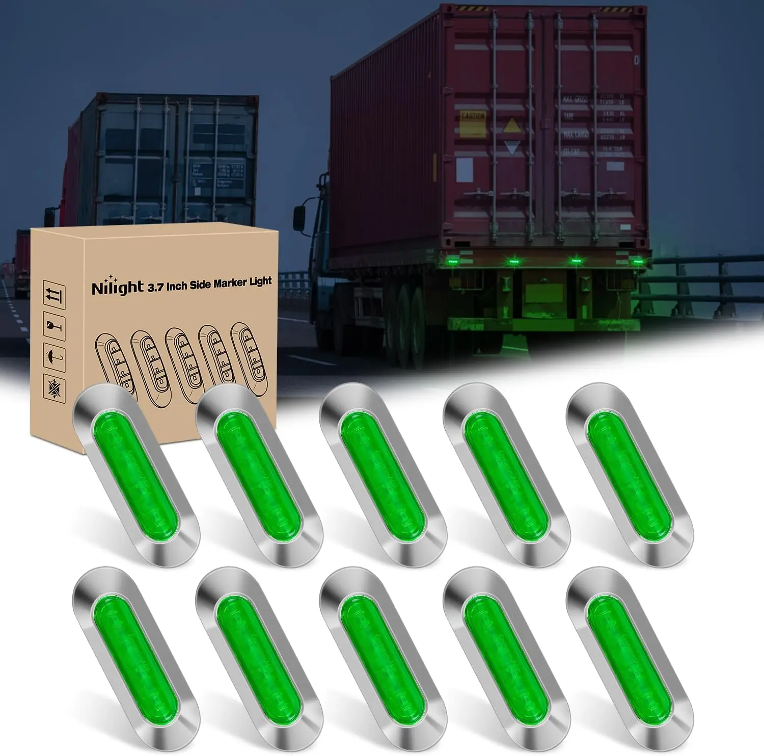 Nilight 10PCS Green Oval Side Marker Lights 4 LED 3.7 Inch Clearance Lamp IP68 Waterproof DC 12-24V with Chrome Bezel Universal for Car Auto Truck Bus Trailer Boat Deck