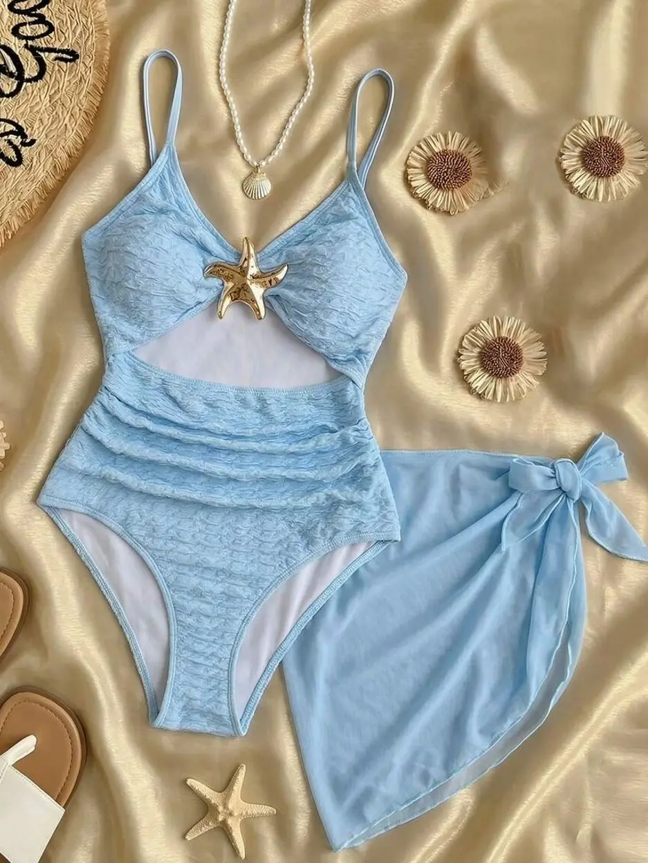 Tween Girl Textured Starfish Decor One-Piece Swimsuit | Light Blue Ruched Cover-Up Style Swimwear