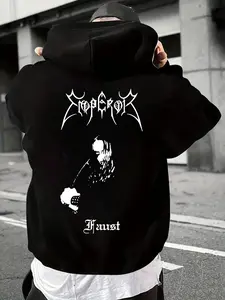 Men's Gothic Graphic Hoodie, Casual Long Sleeve Fleece Pullover, Fall & Winter Outdoor Wear, Stylish Men's Clothing