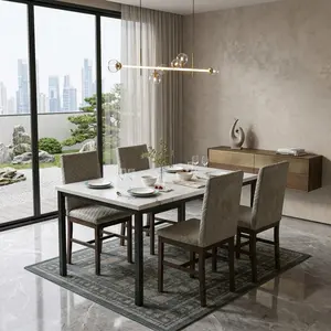 5-Piece Mid-Century Modern Dining Set, Faux Marble Top Dining Table with Sturdy Metal Frame, 4PCS Diamond Stitching Upholstered Chairs, 4 Person Space Saving Breakfast Table Set, Versatile Household Kitchen Dining Room Home Decor Furniture