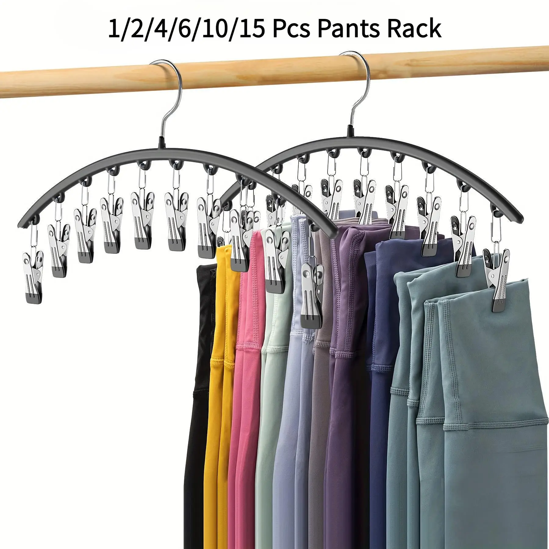 Curved Shape Hanger, 1/2/4/6/10/15pcs Metal Yoga Pants Hanger, Home Organizer for Closet, Pants Hanger with 10/15 Clothespins, Space Saving Hanging Ha