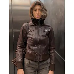 Women's High Neck Zipper Leather Jacket, Long Sleeve Loose Fit Coat, Fall & Winter Street Style Motorcycle Windbreaker(Sheet)