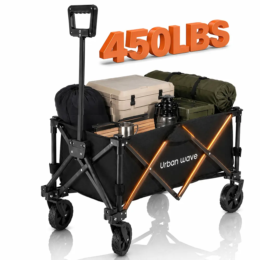 urban wave Sweetcrispy Collapsible Folding Wagon Push Cart - Oxford Cloth Quick-Fold Utility Trolley,  Large Capacity, 450 lbs Load Capacity, Wheels, Adjustable Handle, for Outdoor Camping, Beach Outings