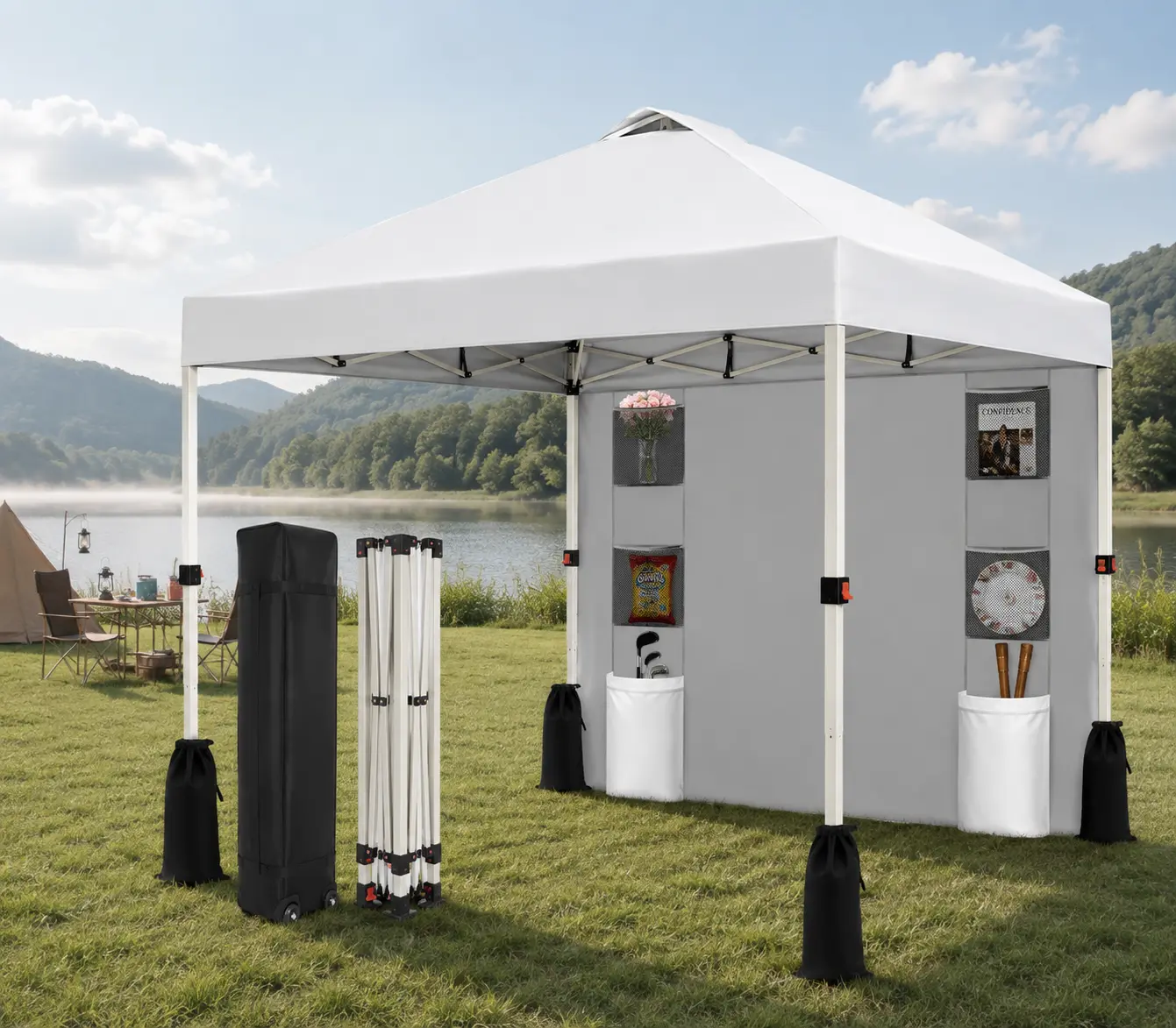SUNSPIRE - 10x10 Pop Up Canopy Tent 1 Sidewall with Pocket, Instant Portable Shelter with 1-Button Push Setup, Adjustable Height, 4 Weight Bags & Roller Carry Bag, Outdoor Sun Shade for Camping, Party & Events
