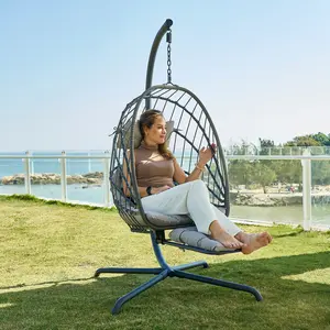 Hanging Egg Chair with Stand and Leg Rest – Rattan Wicker Swing Hammock Chair, UV-Resistant Cushion, Heavy-Duty Frame for Indoor & Outdoor Patio, Bedroom, Balcony, Garden – 330 lbs Capacity