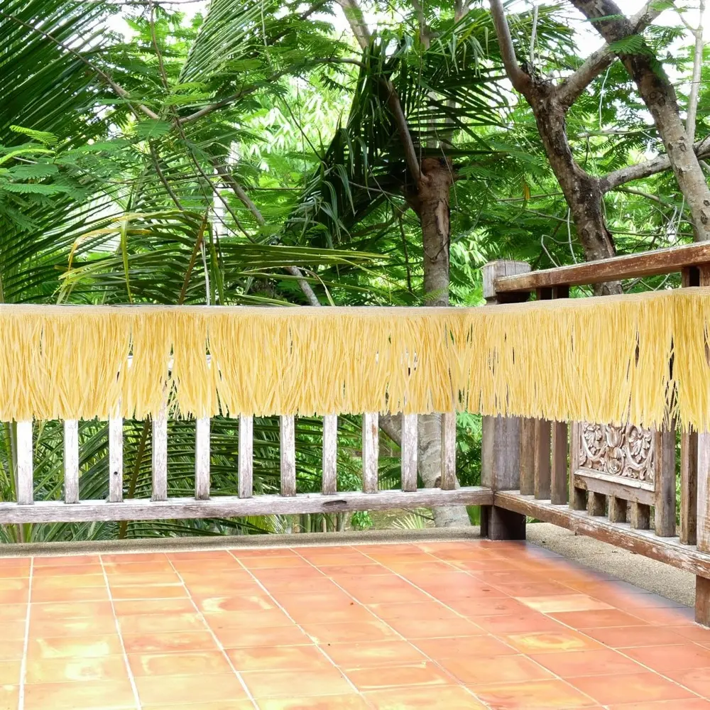 2 Pieces Hawaiian Table Skirt, 13ft x 11.8 Inch Grass Table Skirt with 10 Pieces Hook Loop Strips and Adhesive for Luau Hawaiian Party Decoration, Tiki Bar, Moana Birthday Decoration