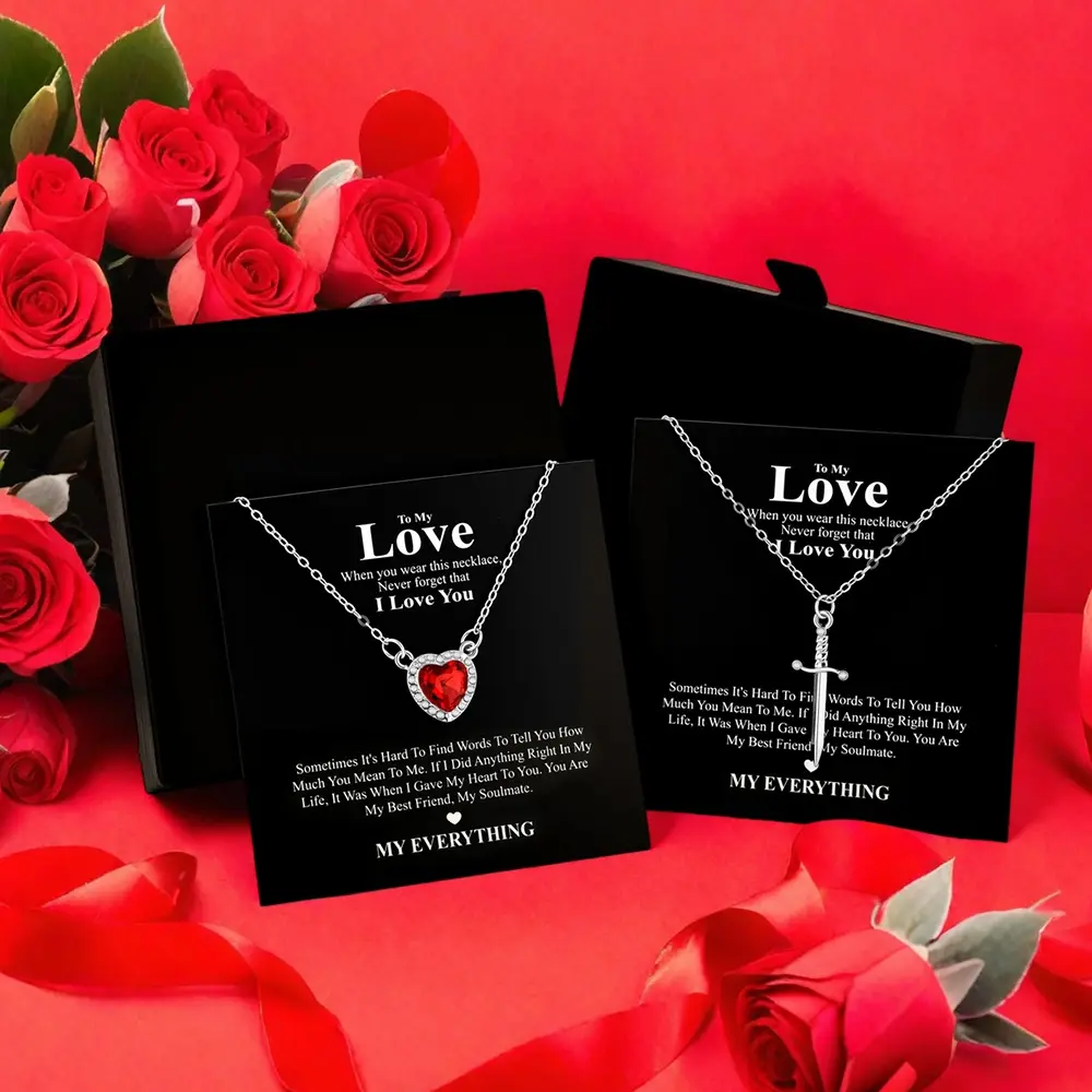 Valentine's Day Gift for Her: Arrow Through Heart Necklace, Light Luxury Crystal Zircon Heart Dagger Pendant Jewelry with Greeting Card & Gift Box - For Wife, Girlfriend, Lover， Anniversary Birthday Proposal Gift Set with Card & Box (2 Pcs) summerwins,sum