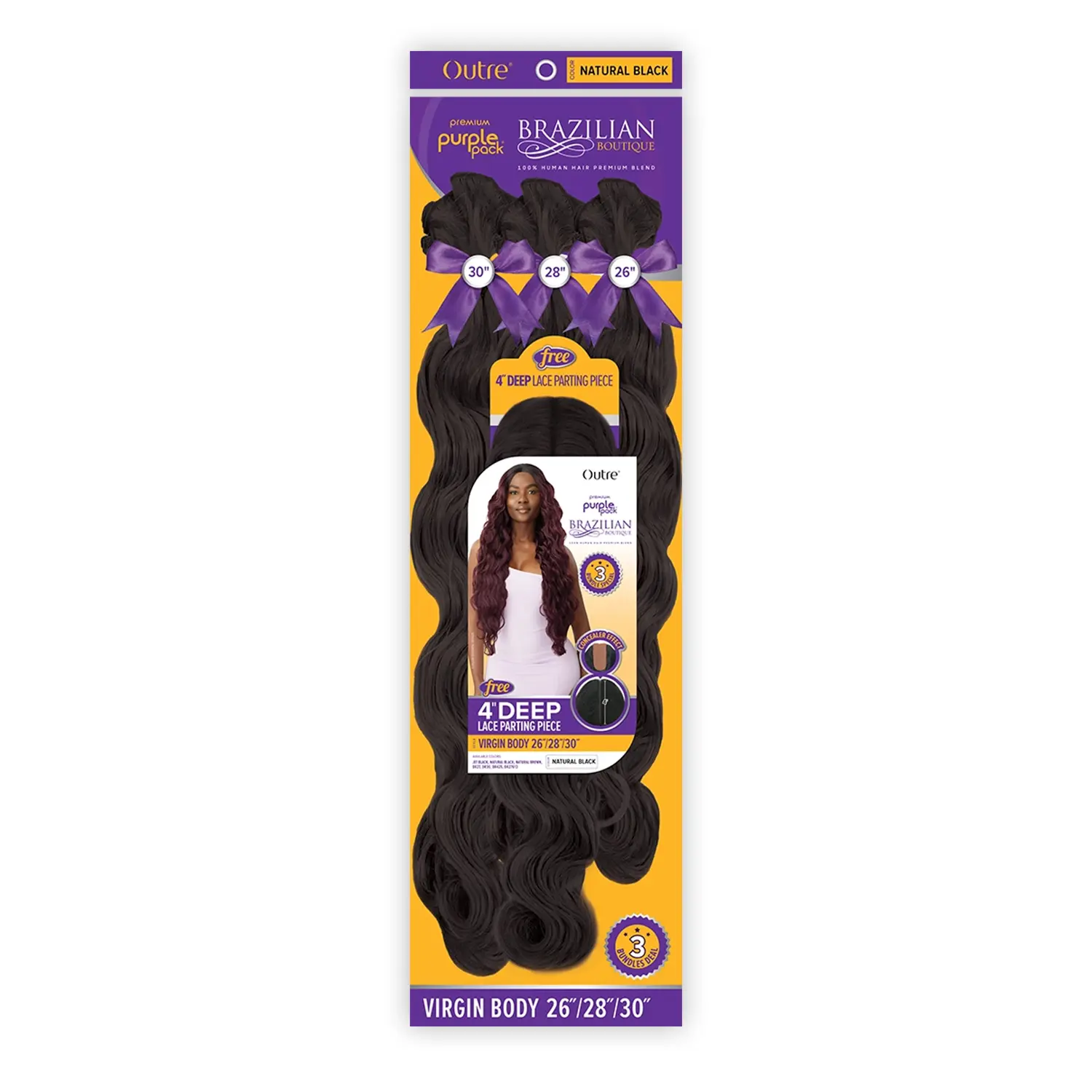 Outre Premium Purple Pack Brazilian Boutique Body Wave Human Hair Blend Extensions, 3 Bundles with 4-Inch Deep Lace Part Closure, 26" 28" 30", Hair Wefts Extensions, Human Hair Extensions