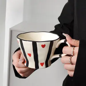 Bohemian Style Ceramic Mug, Handmade Irregular Coffee Cup, Simple Striped Design, Small Heart Accents, 300ML Capacity, Office & Home Use, Drinkware