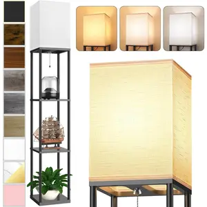 Floor Lamp with Shelves for Living Room, 3 CCT LED Bulb Shelf Floor Lamp, Corner Display Standing Column Etagere Organizer Tower Nightstand with White Linen Shade for Bedroom Office