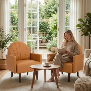 SZLIZCCC PU Accent Chair Orange Mid Century Single Sofa Armchair with High Density Foam Cushion Shell Shaped Back Solid Wood Legs Waterproof Faux Leather Living Room Bedroom Home Office