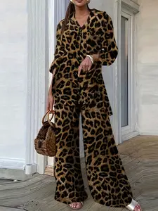 Two-piece casual loungewear set of women's full leopard print wide-leg trousers version trousers Long Sleeve shirt is a lapel single-breasted design two-piece suit, suitable for autumn and winter, retro style, modern cool style, suitable for parties