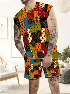 Men's Ethnic Patchwork Print Sleeveless Summer Casual Set
