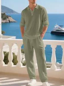 Men's Linen Long Sleeve Shirt & Pants Set, Street Style Loose Fit Button Front Cuban Collar, Summer Casual Wear for Vacation Outdoor Activities