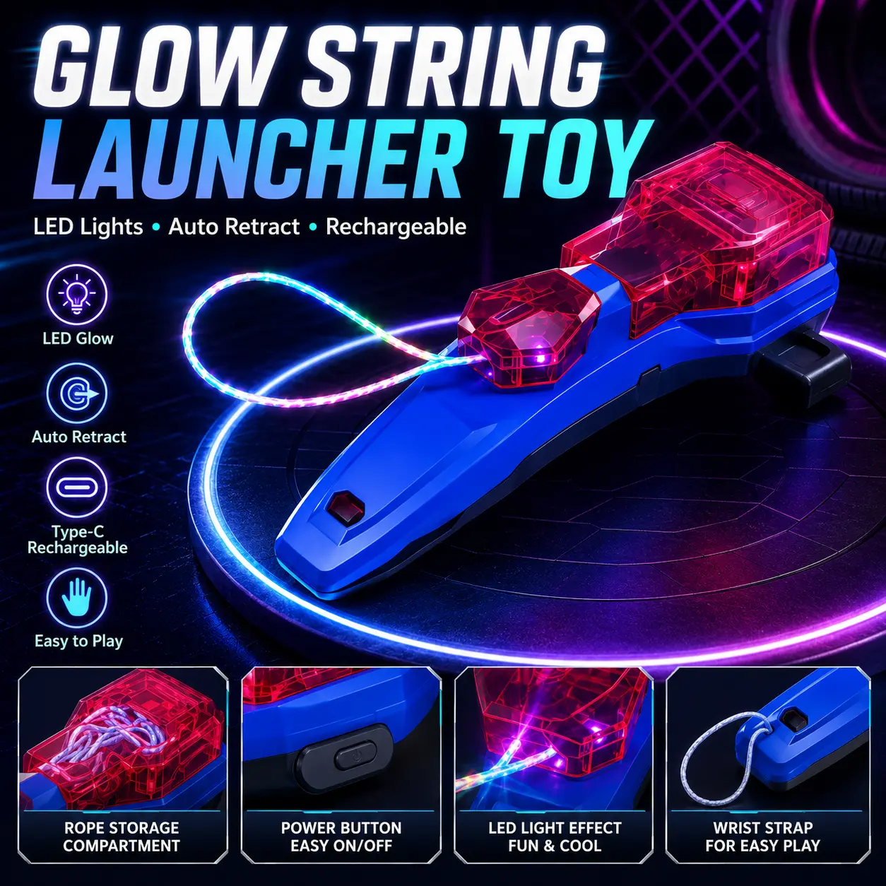 Glow String Launcher Toy – LED Web Shooter with Auto Retract for Kids