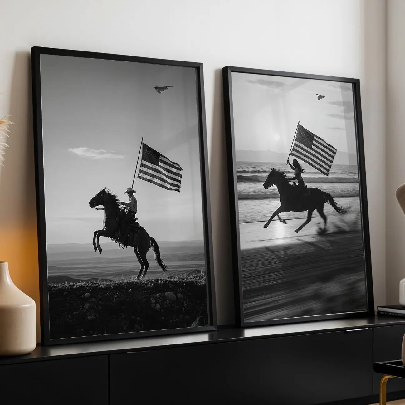 Patriotic Cowboy Unframed Poster, Coastal Cowboy Cowgirl Decor, Black and White USA Flag Cowboy Wall Art, Vintage Western American Print, Coastal Cowboy American Flag Poster, Farmhouse Country Wall Art, Rustic Americana Poster, Independence Day Print