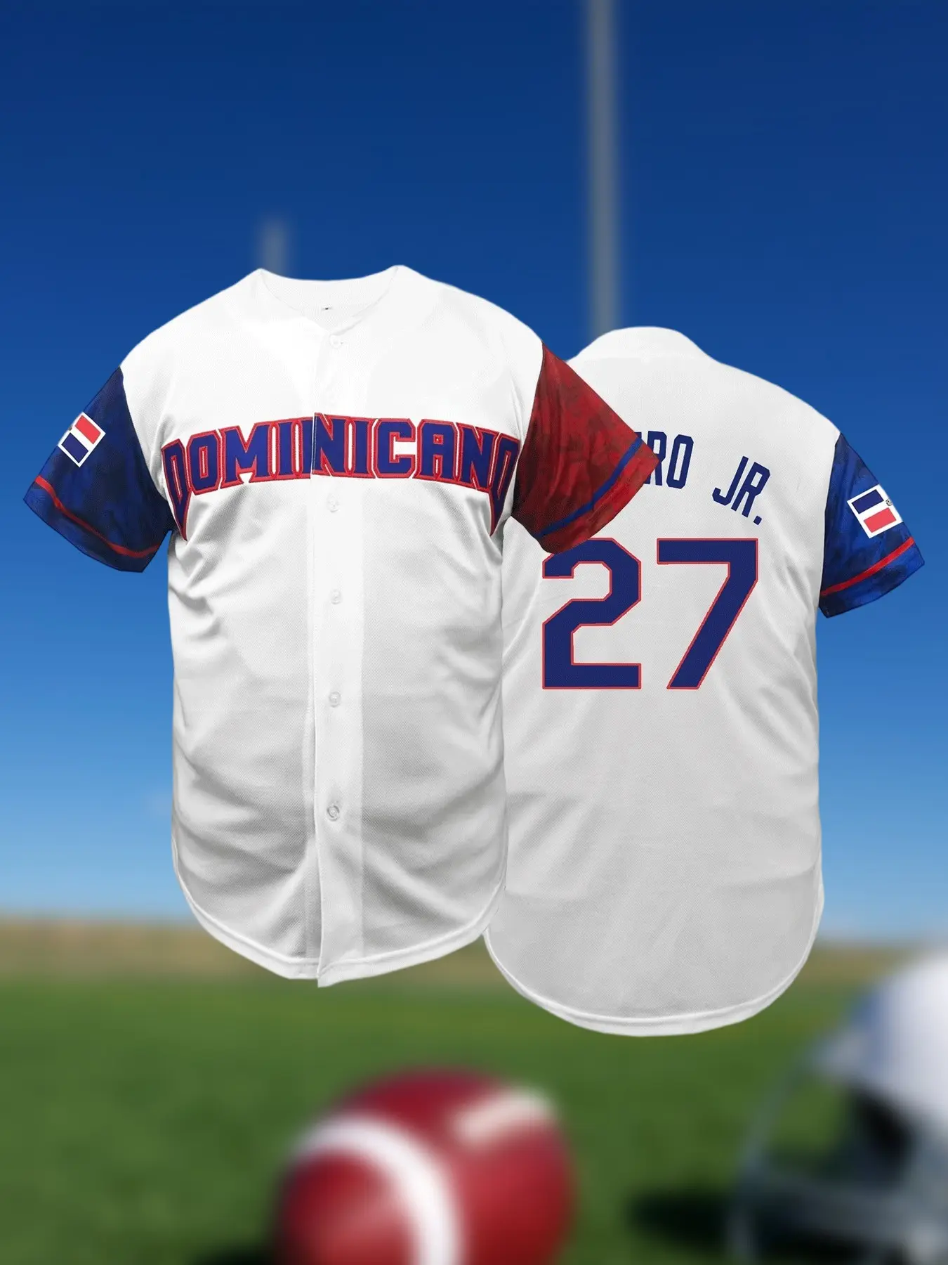 Men's Dominican Republic #27 Embroidered Baseball Jersey, Breathable Athletic Top Sportswear Button Down Shirt Fan Apparel Casual Sporty Top Casual Sports Jersey