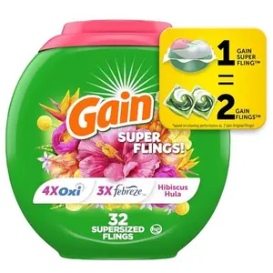 Gain Super Flings Laundry Detergent Pacs, 32 Count, Hibiscus Hula scent, irresistibly clean and fresh washing detergent laundry soap pacs