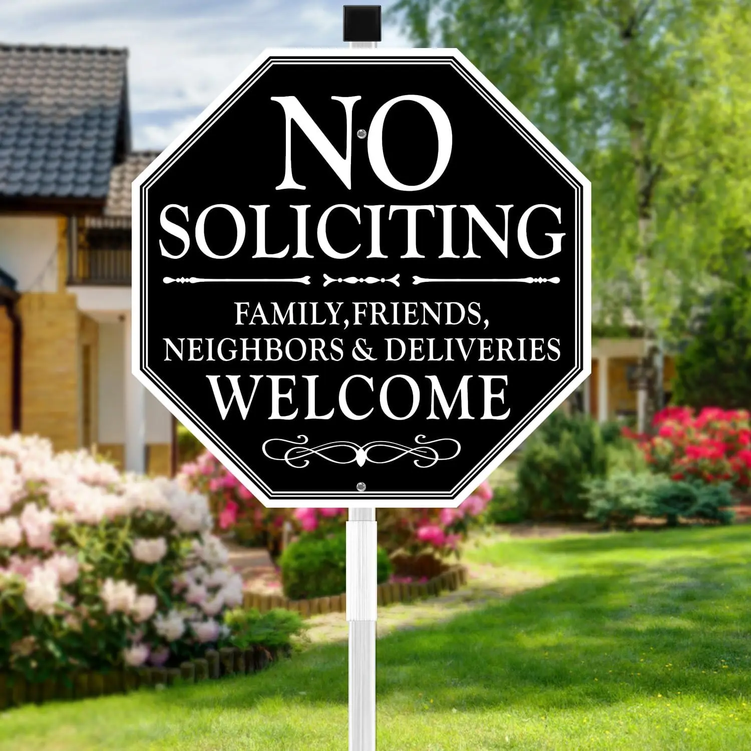No Soliciting Sign For House, 11" x 27" No Soliciting Yard Sign With Stake, Metal No Soliciting Sign  For Yard, Easy To Install (Welcome)