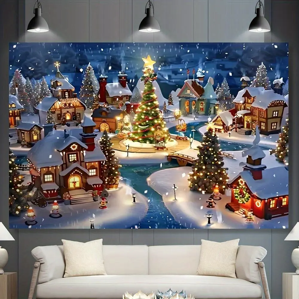 1pc Polyester 2D Flat Winter Village Backdrop Banner - Snowy Christmas Village with Lights, Decorations, Easy Hanging, No Electricity Needed for Weddings, Holiday Celebrations, Wedding