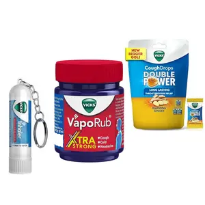 Vicks Cough Drops 25 Ct Xtra Strong Vaporub 1.76oz/50ml Nasal Inhaler 0.02oz/0.5ml Cold Cough Relief Bundle