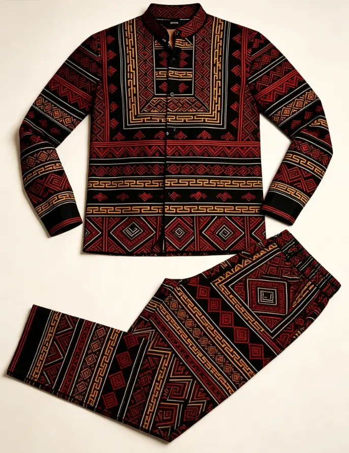 2pcs Men's African-Inspired Geometric Print Traditional Moroccan/Nigerian Style Suit Set - Breathable Lapel Shirt & Matching Pants, Golden-Toned Turquoise/Black/Golden, All-Season Wear for Cultural Events, Themed Parties & Travel Outfits