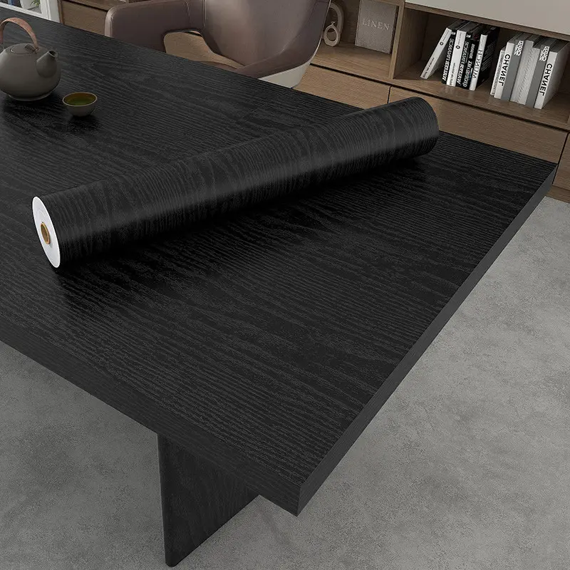 Black Wood Grain Self-Adhesive Contact Paper, Peel and Stick Waterproof Vinyl Wallpaper for Countertop,Cabinets, Drawers,Wardrobe,Desk Table, Furniture Renovation DIY Home Decor Thick Vinyl Film Waterproof Decorative Wallpaper