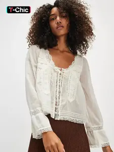 Women's Contrast Lace Tie Front Long Sleeve Blouse Shirts, Boho Casual Flounce Sleeve Top for Daily Holiday Vacation Wear, Womenswear for Spring & Fall