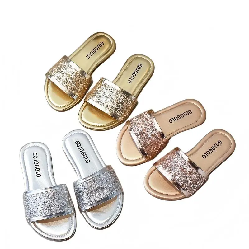 Girls' Decorative Sparkling Glitter Rhinestone Sequins Princess Round Toe Slip On Slide Wedge Sandals - Synthetic PU Upper, Breathable, Non-Slip, Street Style | Ideal for Christmas Party, Holiday Gatherings | Stocking Stuffers, Heart Print, 13 - 14 Years