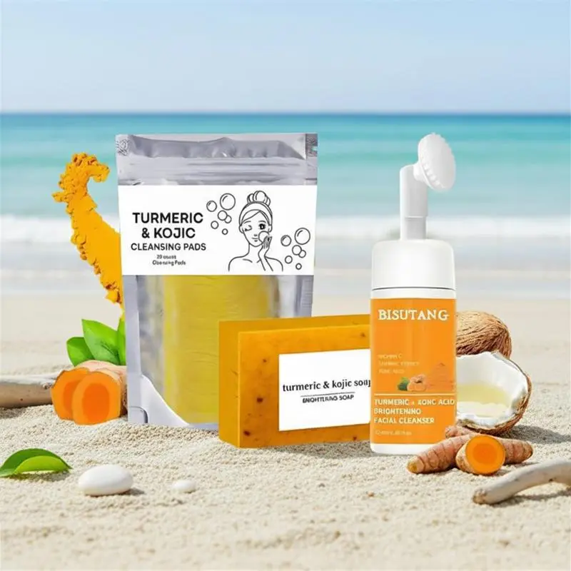 3 in 1: Turmeric Cleansing and Care 3-piece Set, including 1 turmeric cleansing mousses (new and old packaging shipped randomly), turmeric slices, kojic turmeric face soap for facial cleansing and skin care