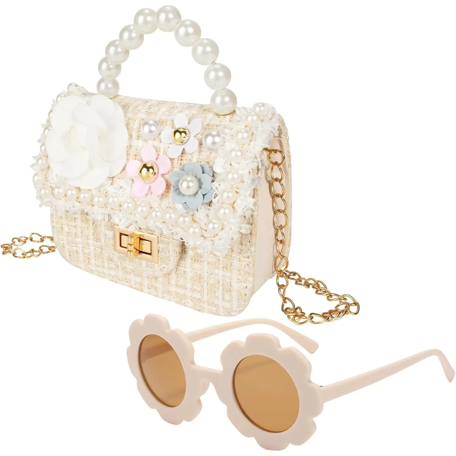 Toddler Girls' Cute PU Leather Princess Micro Crossbody Bag - Childrens Bag, Sweet Handbag with Pearl Flowers, Matching Sunglasses Set