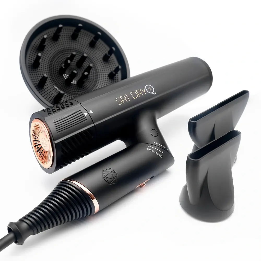 SRI DRYQ Smart Hair Dryer Super Lightweight Foldable Powerful Quiet Motor Infrared and Ionic Technology 3 Magnetic Attachments Heat Control Locking Switch