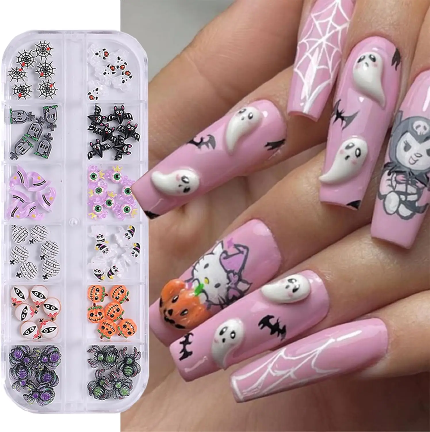 Halloween Fall Gift 3D Halloween Gift Nail Charms Set – Spider, Ghost, Bat, Eyes, Hat & Web Acrylic Flatback Nail Art Accessories for DIY Nails & Crafts