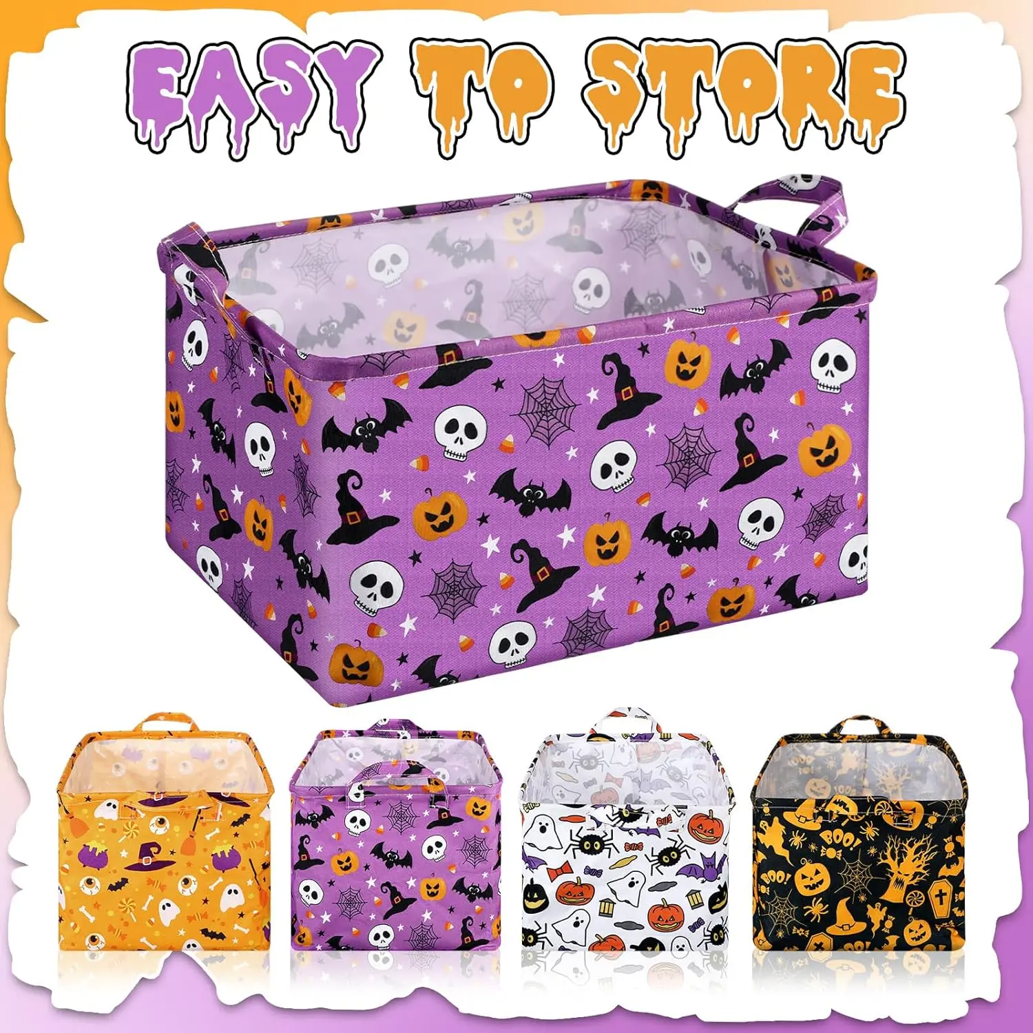 4 Pcs Halloween Baskets Boo Basket Gift Pumpkin Ghost Baskets with Handles Large Collapsible Storage Bins Boxes for Trick or Treat Gift Books Laundry Shelves Home Storage, 15 x 10 x 8 Inch