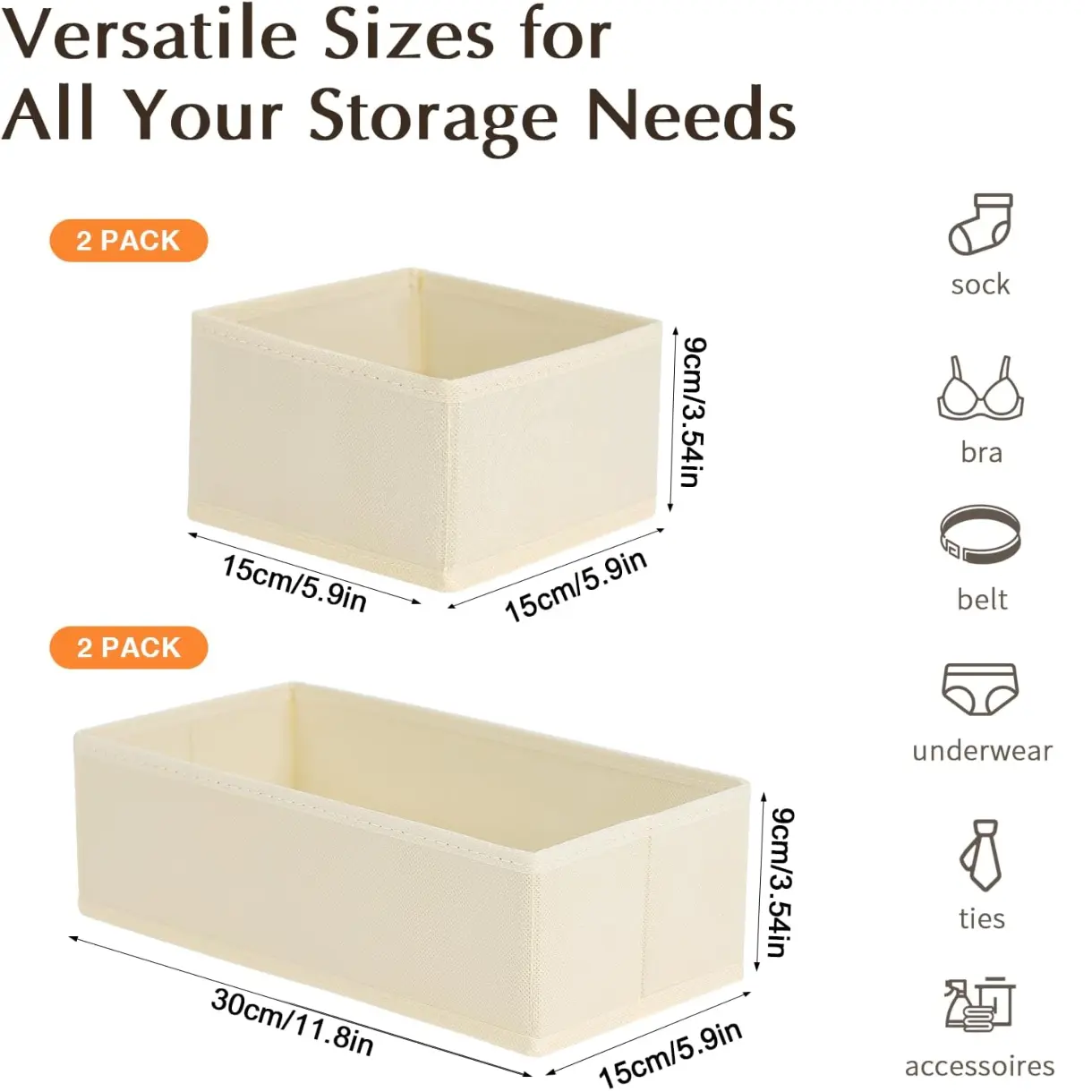 Drawer Organizers Clothes, Dresser Organizer Bins for Baby Clothes,Underwear and Sock, Fabric Closet Organization and Storage Boxs, Drawer Dividers for Nursery, Clothing, Tie - 4 Pack, Beige