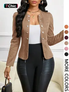 Women's Tan Suede Pearl Button Blazer, Jacket, Faux Suede Fabric & Decorative Pearl Buttons & Puff Shoulders & Tailored Fit & Multiple Color Options 1pc