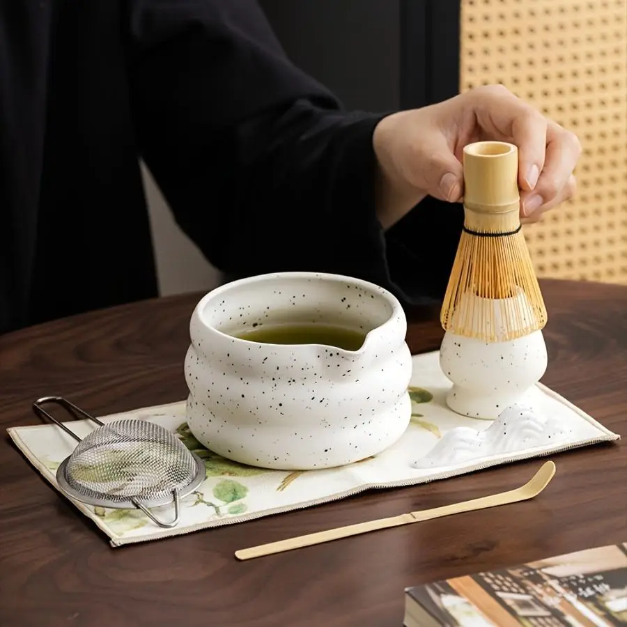 Traditional Japanese Matcha Tea Ceremony Kit, 1 Set Including Ceramic Bowl & Whisk & Holder with Traditional Scoop, Perfect for Home & Restaurant Use(