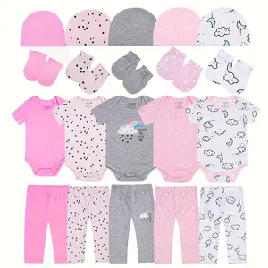 JY.COZY FOR BABY Onesie Girl Pink and Grey Cotton Bodysuits Sets 20 Pieces have 5 Short-Sleeve Ropmers 5 Pants 5 Hats 5 Socks Casual Pajama New Born Clothes Comfort Infant Outfit Essentials