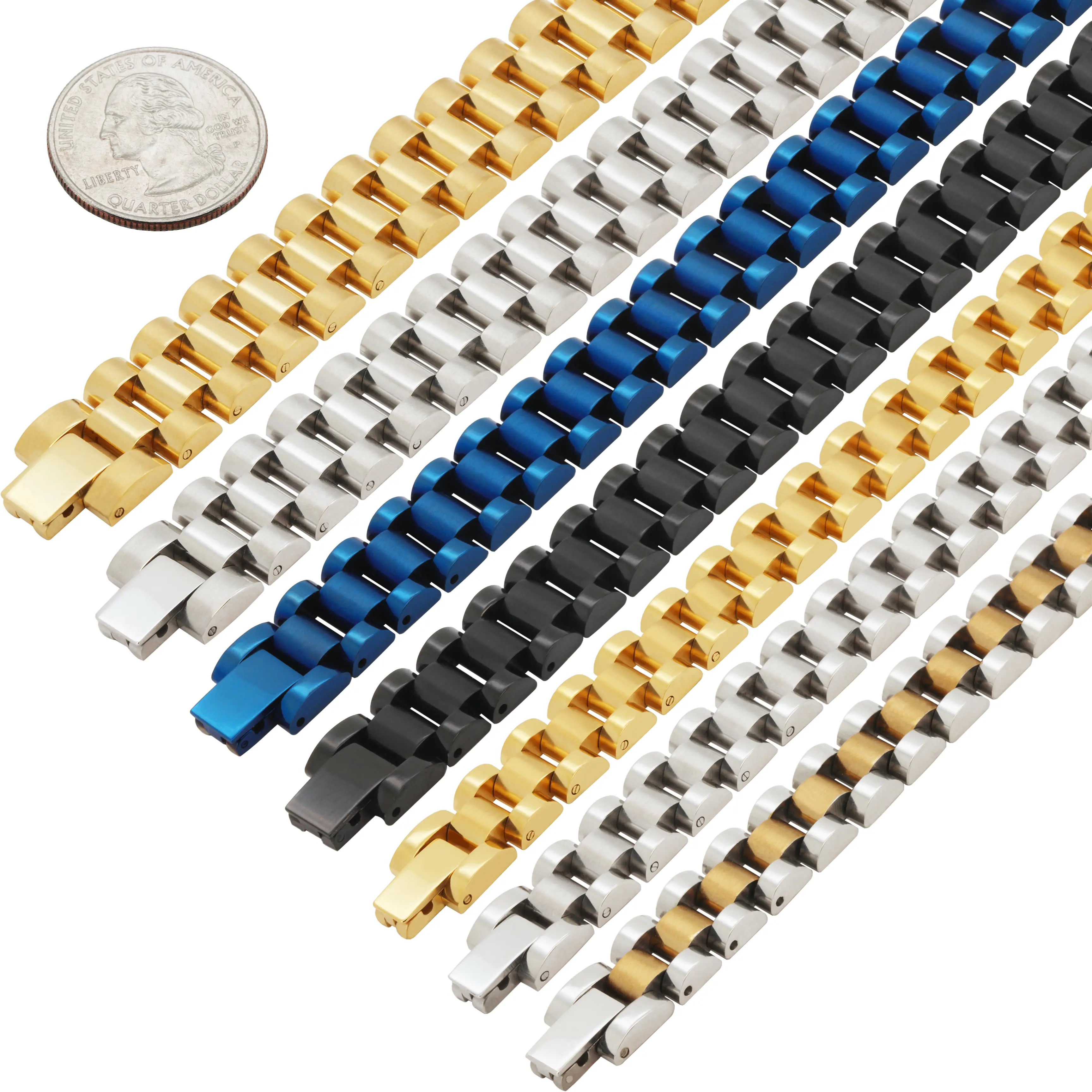 316L Stainless Steel 18k Yellow Gold Plated Blue/Black Rhodium 10-15mm Watch Strap Chain Link Bracelet 8.25”-8.5”